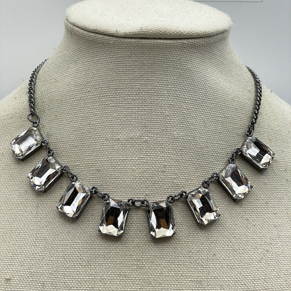Gun Metal White Glass Radiant Cut Rhinestone Cable Chain Necklace Statement